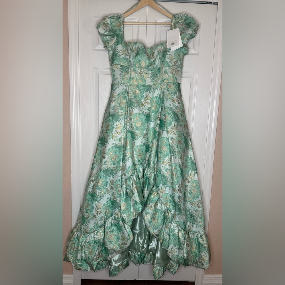 NWT MAC DUGGAL # 68276 Floral Print Puff Sleeve High Low Brocade Gown Size 14 - Picture 4 of 10